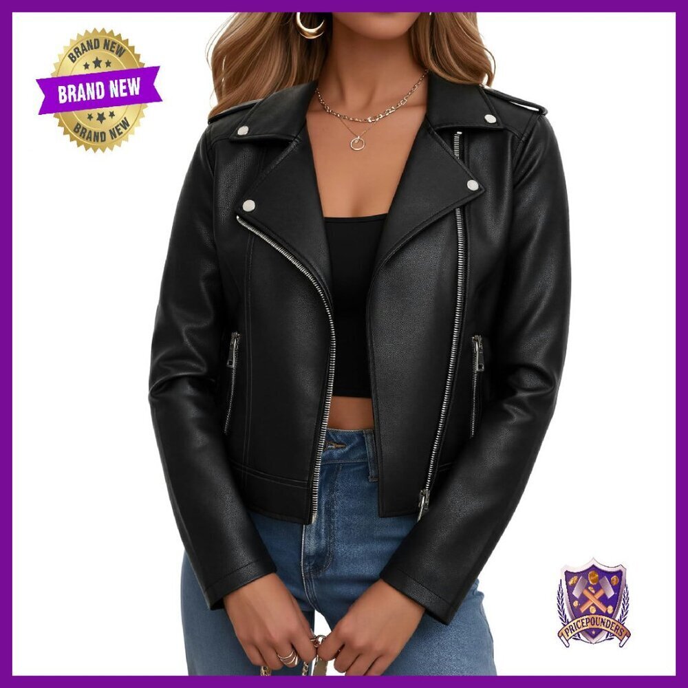 Women's Faux Leather Cropped Moto Jacket, Zipper Closure, Edgy Style